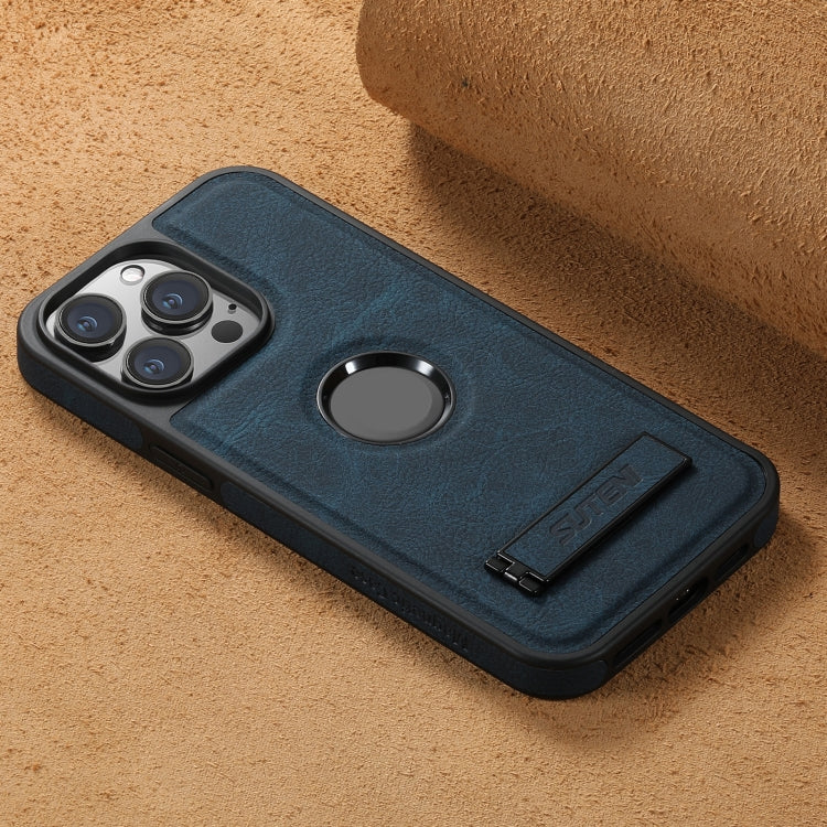 For iPhone 15 Plus Suteni G2 Magsafe Litchi Texture Leather Back Phone Case with Holder(Blue) - HoMEdemic™ 