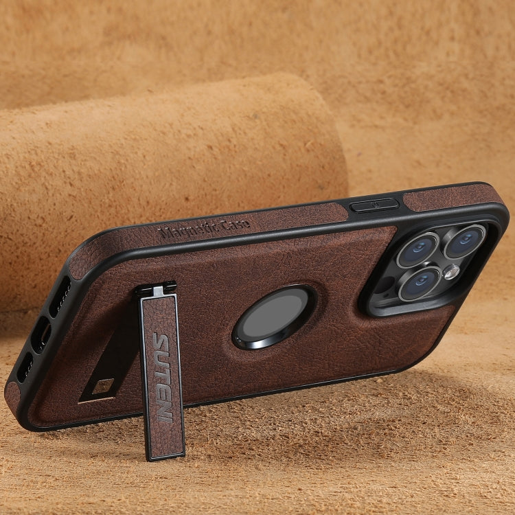 For iPhone 15 Plus Suteni G2 Magsafe Litchi Texture Leather Back Phone Case with Holder(Brown) - HoMEdemic™ 