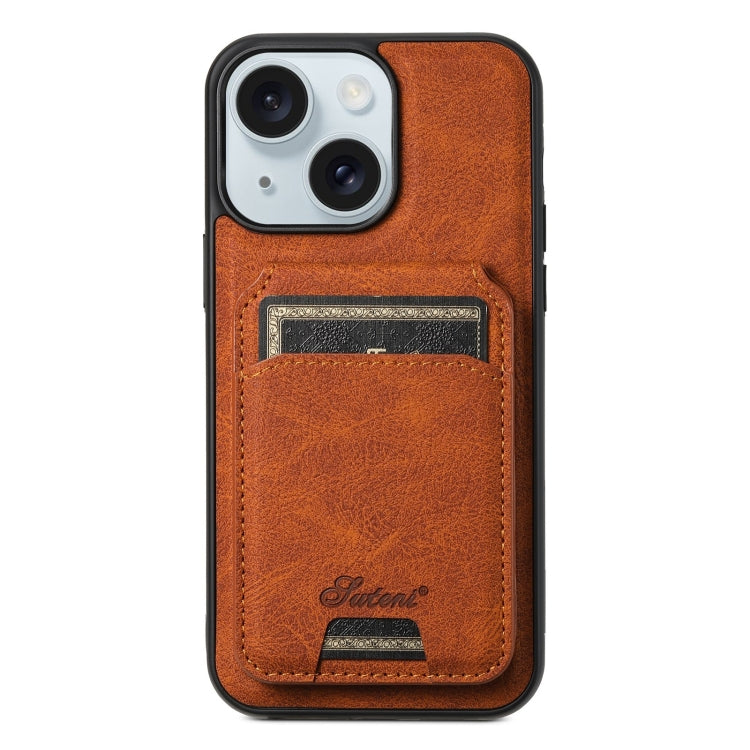 For iPhone 15 Plus Suteni H16 Litchi Texture Leather Detachable Wallet Back Phone Case(Khaki) - HoMEdemic™ 
