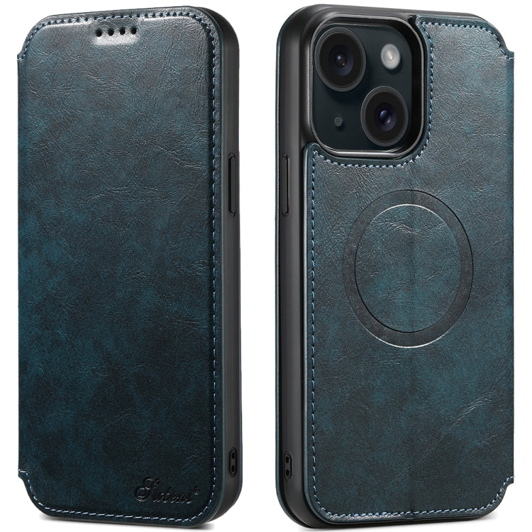 For iPhone 15 Plus Suteni J05 Leather Magnetic MagSafe Phone Case(Blue) - HoMEdemic™ 