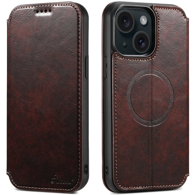 For iPhone 15 Plus Suteni J05 Leather Magnetic MagSafe Phone Case(Brown) - HoMEdemic™ 