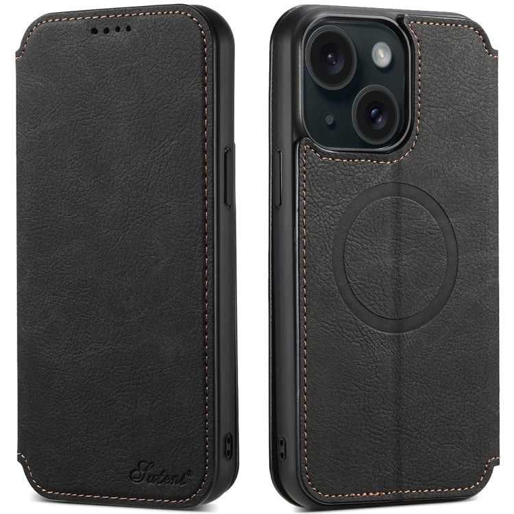 For iPhone 15 Plus Suteni J06 Retro Matte Litchi Texture Leather MagSafe Phone Case(Black) - HoMEdemic™ 