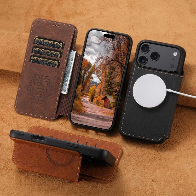For iPhone 15 Plus Suteni J06 Retro Matte Litchi Texture Leather MagSafe Phone Case(Khaki) - HoMEdemic™ 