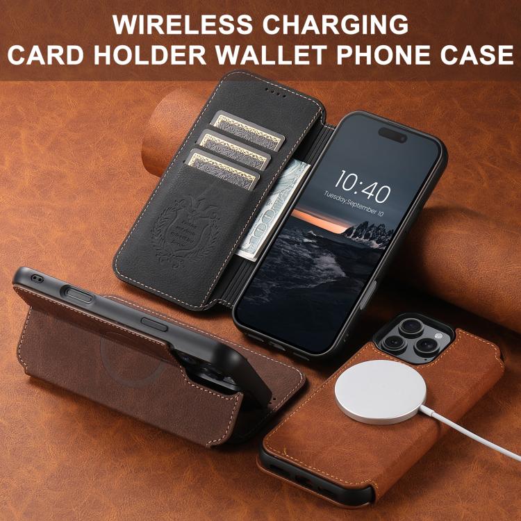 For iPhone 15 Plus Suteni J06 Retro Matte Litchi Texture Leather MagSafe Phone Case(Khaki) - HoMEdemic™ 