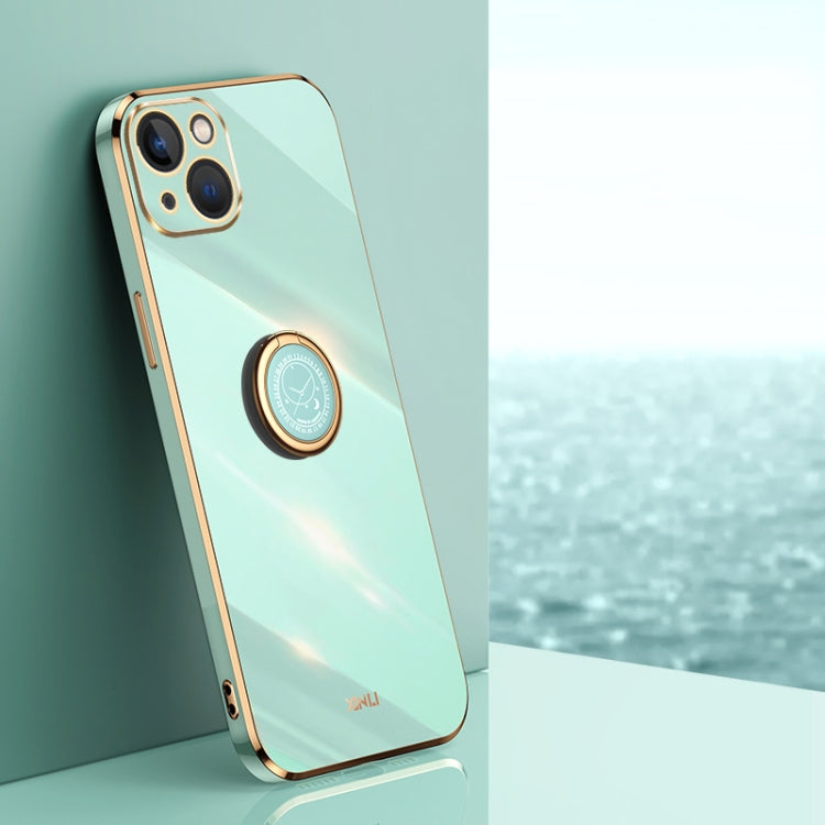 For iPhone 15 Plus XINLI Straight Edge 6D Electroplate TPU Phone Case with Ring Holder(Mint Green) - HoMEdemic™ 