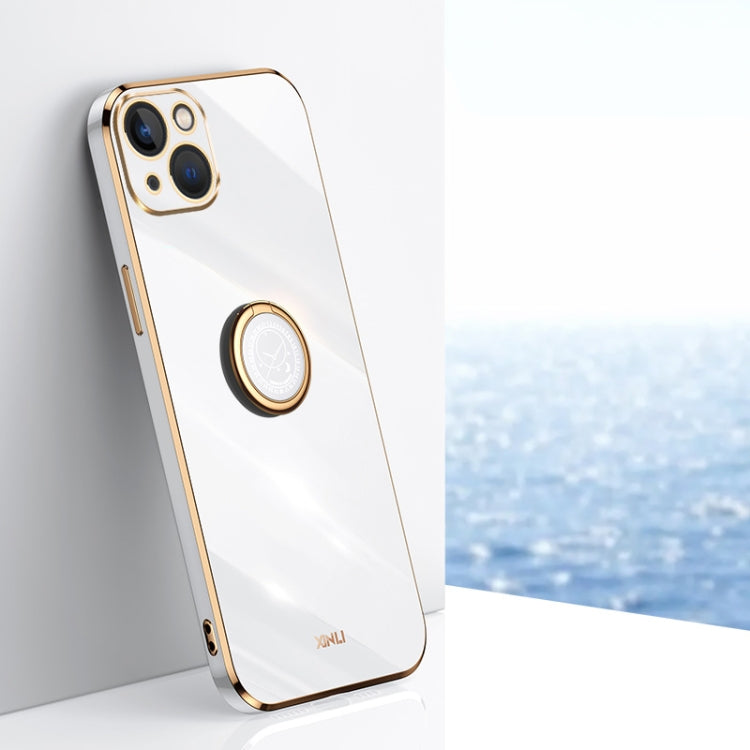 For iPhone 15 Plus XINLI Straight Edge 6D Electroplate TPU Phone Case with Ring Holder(White) - HoMEdemic™ 