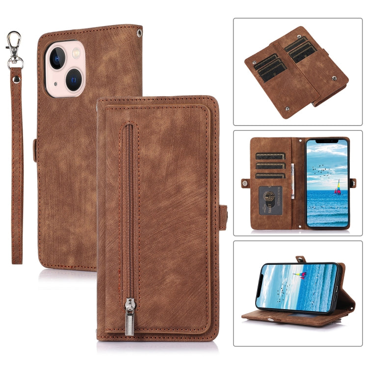For iPhone 15 Plus Zipper Card Slot Buckle Wallet Leather Phone Case(Brown) - HoMEdemic™ 