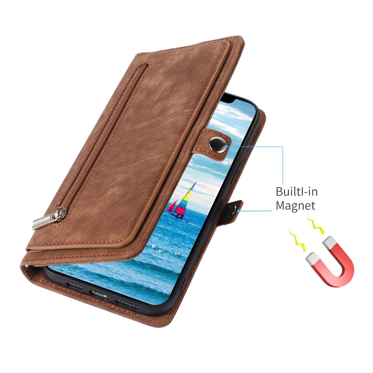 For iPhone 15 Plus Zipper Card Slot Buckle Wallet Leather Phone Case(Brown) - HoMEdemic™ 