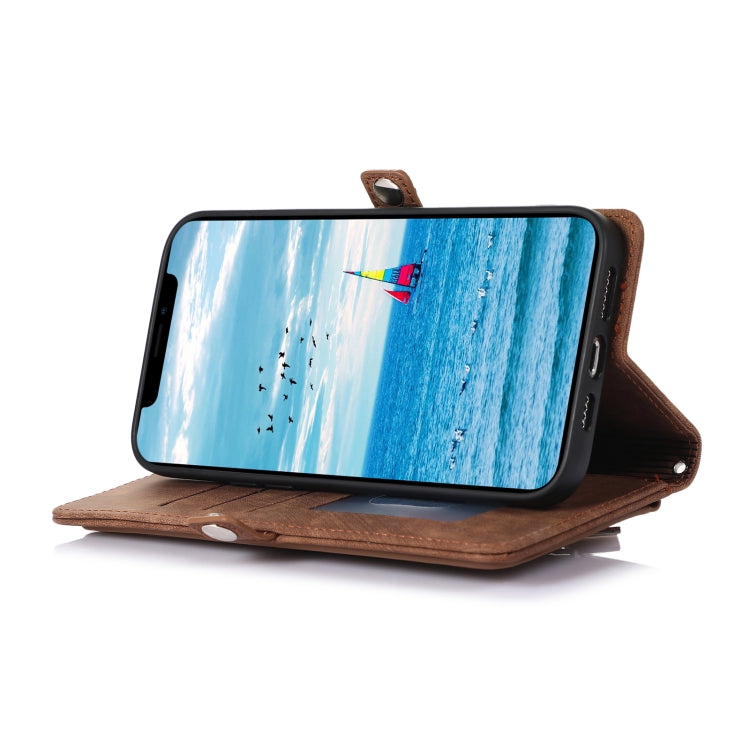 For iPhone 15 Plus Zipper Card Slot Buckle Wallet Leather Phone Case(Brown) - HoMEdemic™ 