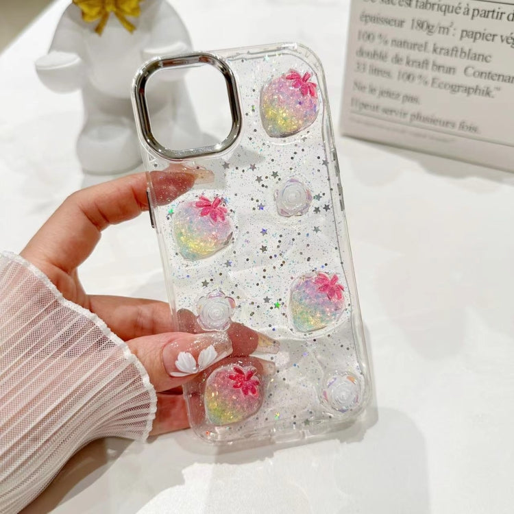For iPhone 15 Pro 3D Flower Glitter Epoxy TPU Phone Case(Pink Strawberry) - HoMEdemic™ 