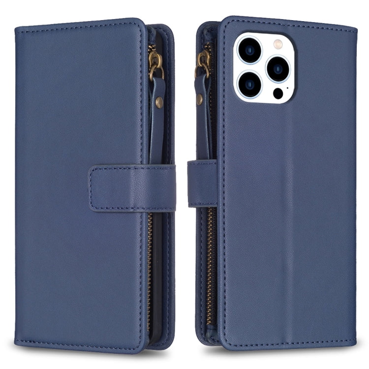 For iPhone 15 Pro 9 Card Slots Zipper Wallet Leather Flip Phone Case(Blue) - HoMEdemic™ 