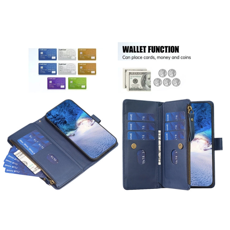 For iPhone 15 Pro 9 Card Slots Zipper Wallet Leather Flip Phone Case(Blue) - HoMEdemic™ 