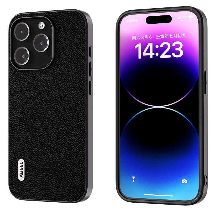 For iPhone 15 Pro ABEEL Black Edge Genuine Leather Mino Phone Case(Black) - HoMEdemic™ 
