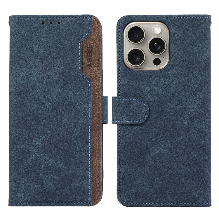 For iPhone 15 Pro ABEEL Color Block Magnetic RFID Leather Phone Case(Blue-Brown) - HoMEdemic™ 