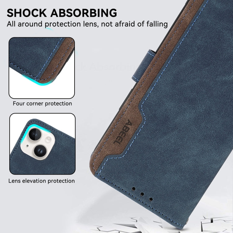 For iPhone 15 Pro ABEEL Color Block Magnetic RFID Leather Phone Case(Blue-Brown) - HoMEdemic™ 