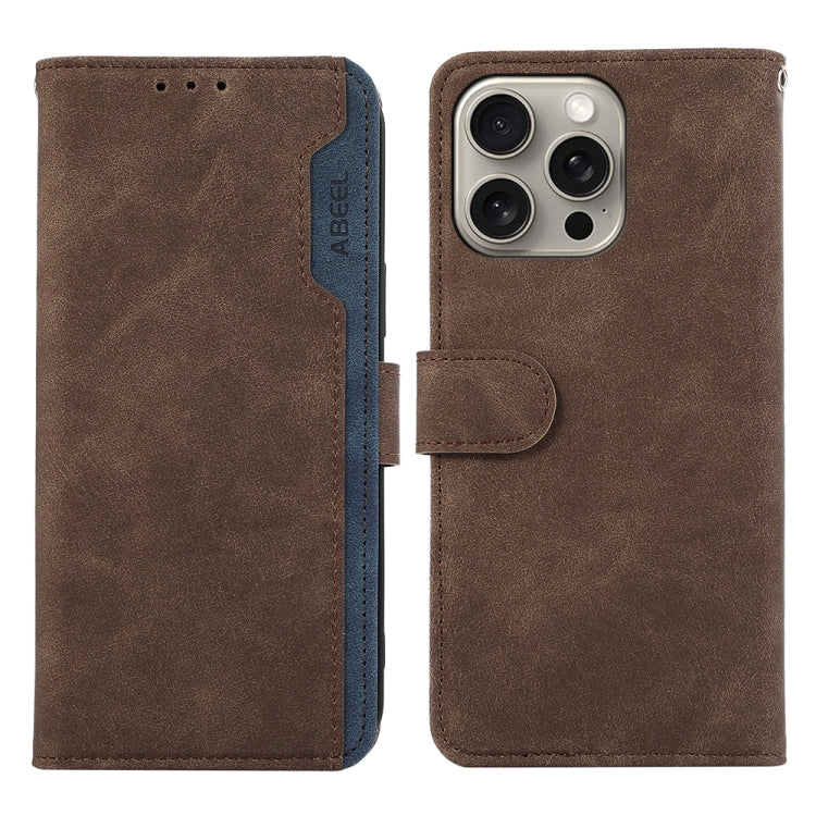 For iPhone 15 Pro ABEEL Color Block Magnetic RFID Leather Phone Case(Brown-Blue) - HoMEdemic™ 
