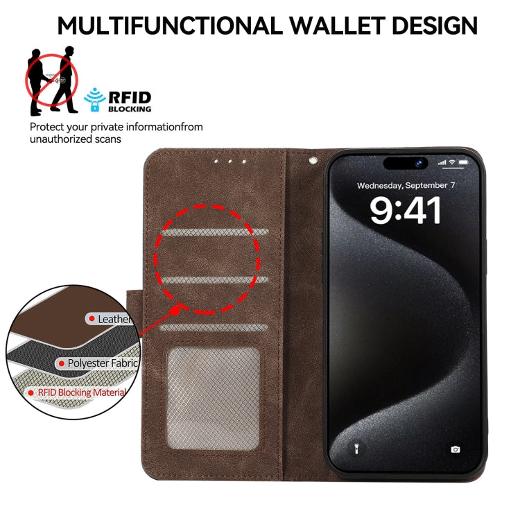 For iPhone 15 Pro ABEEL Color Block Magnetic RFID Leather Phone Case(Brown-Blue) - HoMEdemic™ 
