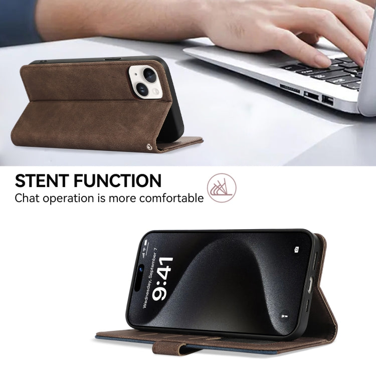 For iPhone 15 Pro ABEEL Color Block Magnetic RFID Leather Phone Case(Brown-Blue) - HoMEdemic™ 