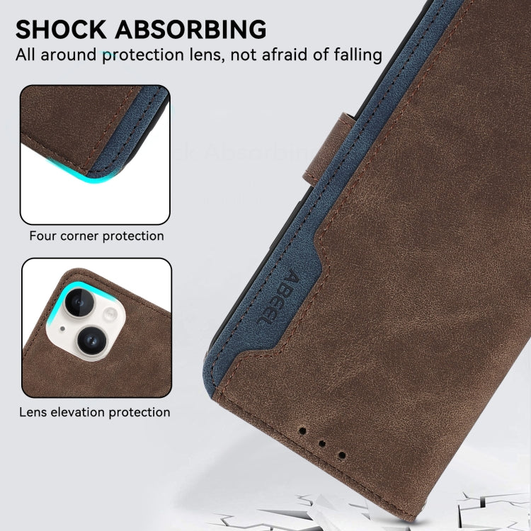 For iPhone 15 Pro ABEEL Color Block Magnetic RFID Leather Phone Case(Brown-Blue) - HoMEdemic™ 