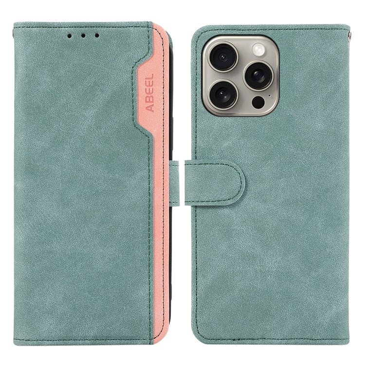 For iPhone 15 Pro ABEEL Color Block Magnetic RFID Leather Phone Case(Cyan-Pink) - HoMEdemic™ 
