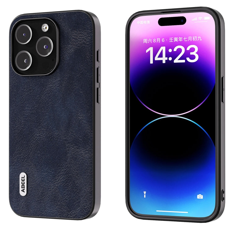 For iPhone 15 Pro ABEEL Cowhide Texture PU Phone Case(Blue) - HoMEdemic™ 