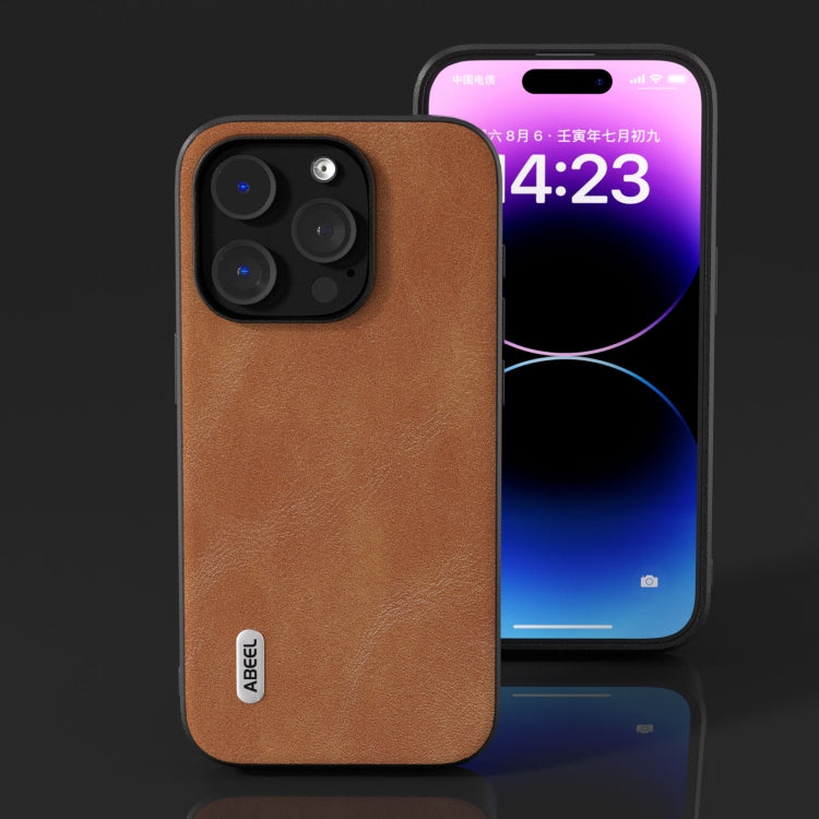 For iPhone 15 Pro ABEEL Cowhide Texture PU Phone Case(Brown) - HoMEdemic™ 