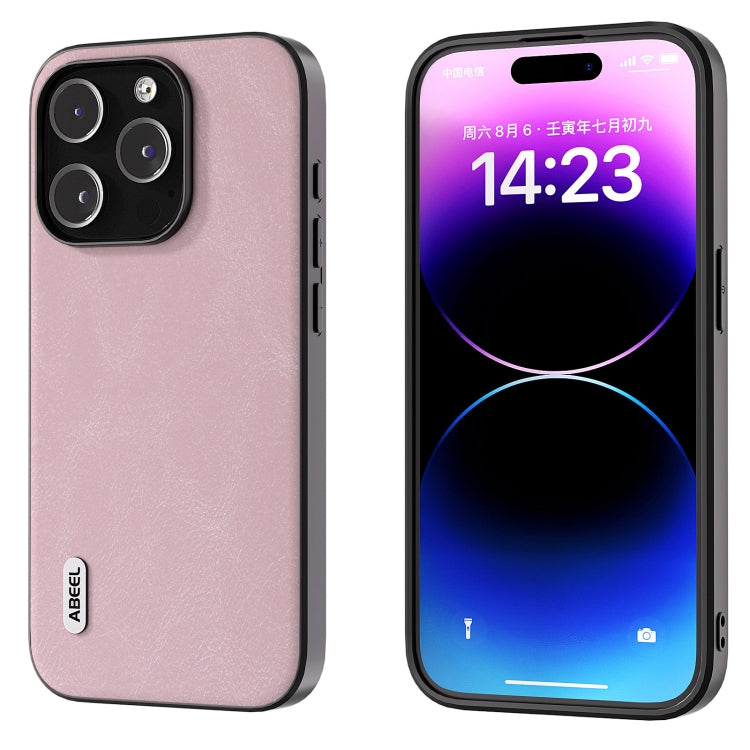 For iPhone 15 Pro ABEEL Cowhide Texture PU Phone Case(Pink) - HoMEdemic™ 