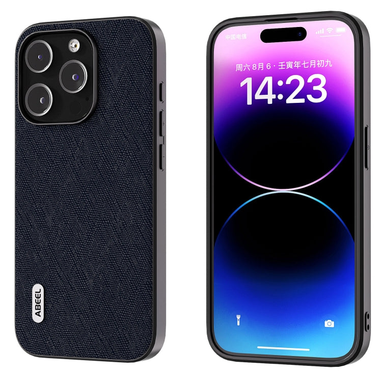 For iPhone 15 Pro ABEEL Cross Texture Genuine Leather Phone Case(Blue) - HoMEdemic™ 
