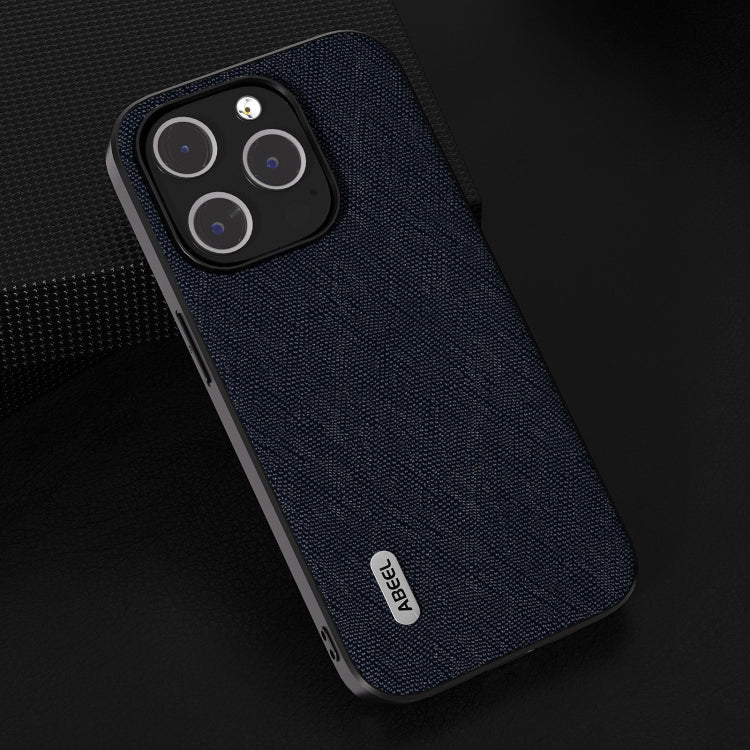 For iPhone 15 Pro ABEEL Cross Texture Genuine Leather Phone Case(Blue) - HoMEdemic™ 