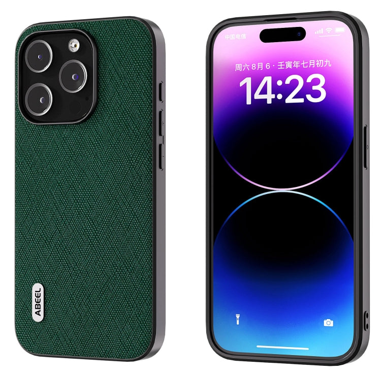 For iPhone 15 Pro ABEEL Cross Texture Genuine Leather Phone Case(Green) - HoMEdemic™ 