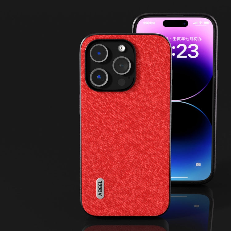 For iPhone 15 Pro ABEEL Cross Texture Genuine Leather Phone Case(Red) - HoMEdemic™ 