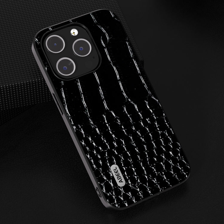 For iPhone 15 Pro ABEEL Genuine Leather Crocodile Pattern Black Edge Phone Case(Black) - HoMEdemic™ 