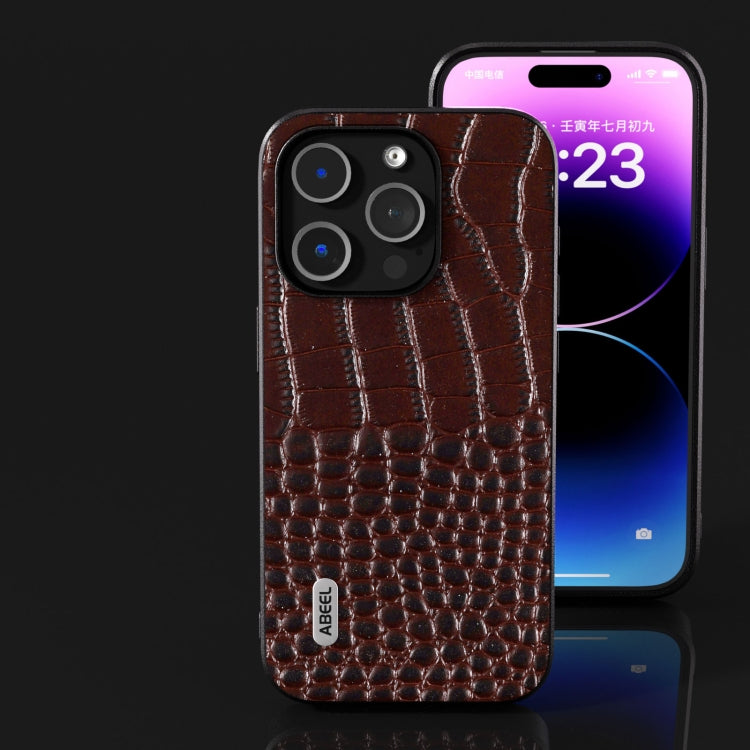 For iPhone 15 Pro ABEEL Genuine Leather Crocodile Pattern Black Edge Phone Case(Coffee) - HoMEdemic™ 