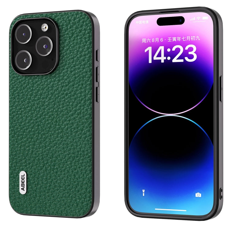 For iPhone 15 Pro ABEEL Genuine Leather Litchi Texture Phone Case(Green) - HoMEdemic™ 