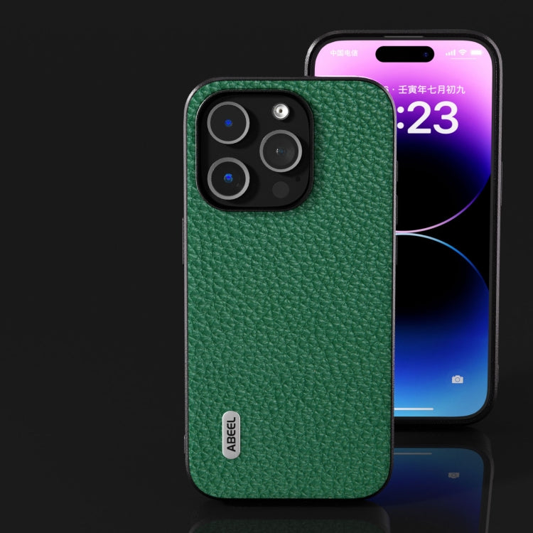 For iPhone 15 Pro ABEEL Genuine Leather Litchi Texture Phone Case(Green) - HoMEdemic™ 