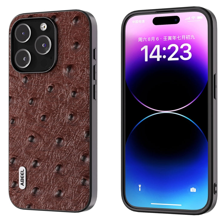 For iPhone 15 Pro ABEEL Genuine Leather Ostrich Texture Phone Case(Coffee) - HoMEdemic™ 