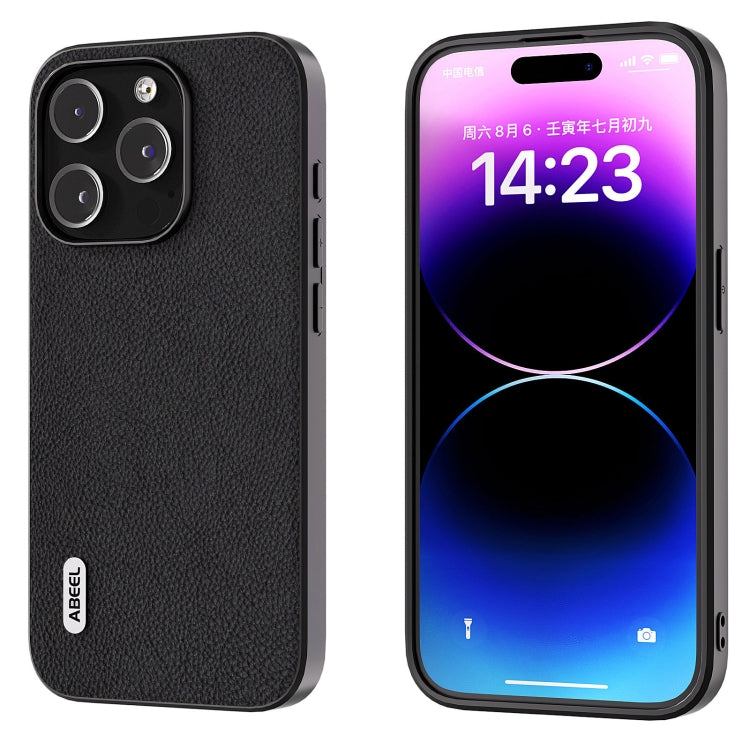 For iPhone 15 Pro ABEEL Genuine Leather + PC Litchi Texture Phone Case(Black) - HoMEdemic™ 