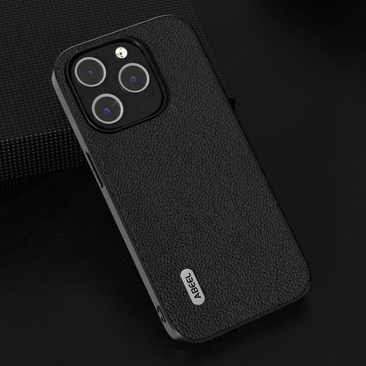 For iPhone 15 Pro ABEEL Genuine Leather + PC Litchi Texture Phone Case(Black) - HoMEdemic™ 