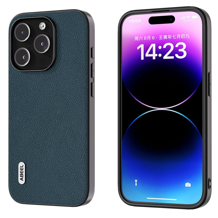 For iPhone 15 Pro ABEEL Genuine Leather + PC Litchi Texture Phone Case(Green) - HoMEdemic™ 