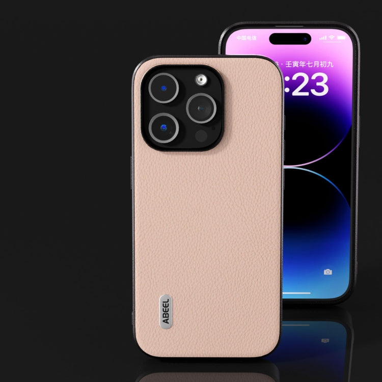 For iPhone 15 Pro ABEEL Genuine Leather + PC Litchi Texture Phone Case(Pink Gold) - HoMEdemic™ 