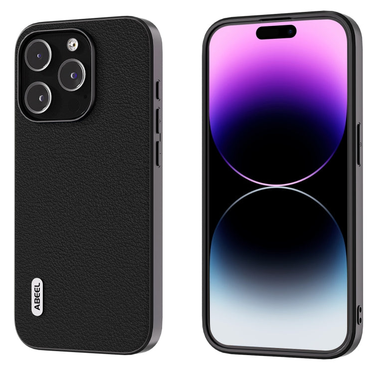 For iPhone 15 Pro ABEEL Genuine Leather Wave Black Edge Phone Case(Black) - HoMEdemic™ 