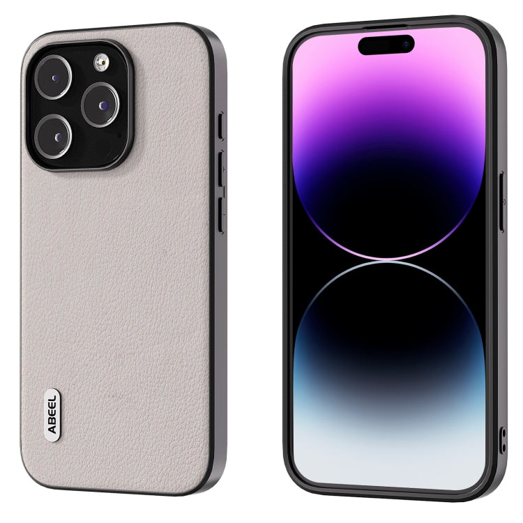 For iPhone 15 Pro ABEEL Genuine Leather Wave Black Edge Phone Case(Grey) - HoMEdemic™ 