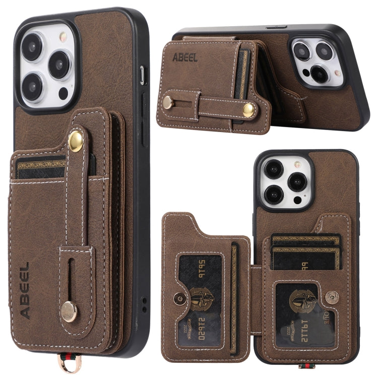 For iPhone 15 Pro ABEEL Litchi Texture Card Bag PU Phone Case(Khaki) - HoMEdemic™ 