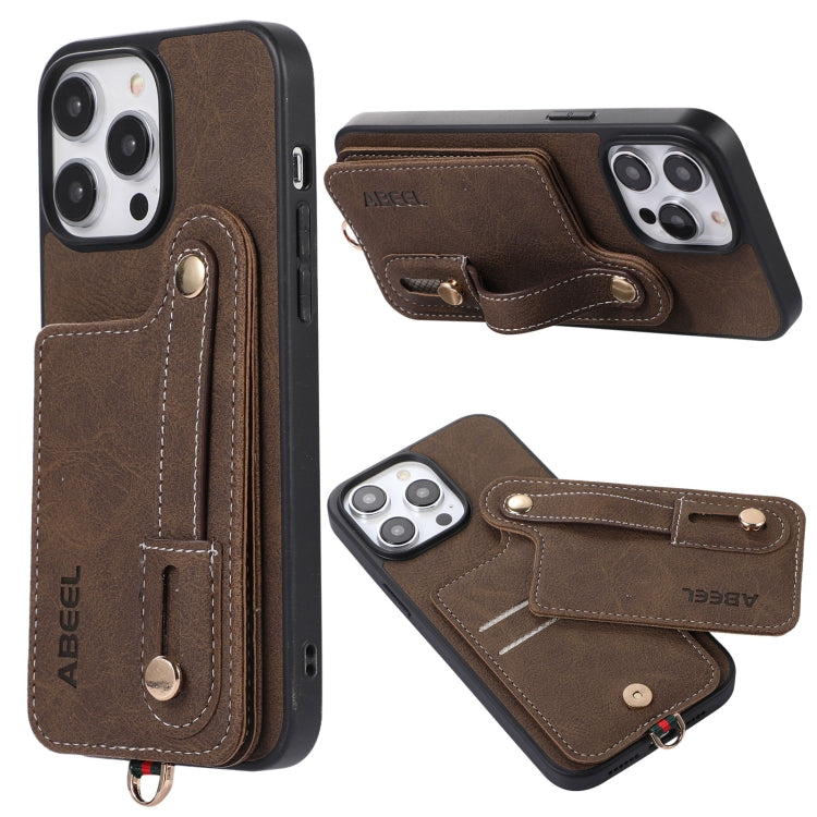 For iPhone 15 Pro ABEEL Litchi Texture Card Bag PU Phone Case(Khaki) - HoMEdemic™ 