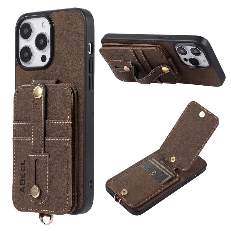 For iPhone 15 Pro ABEEL Litchi Texture Card Bag PU Phone Case(Khaki) - HoMEdemic™ 