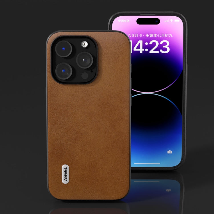For iPhone 15 Pro ABEEL Two-color Calf Texture PU Phone Case(Brown) - HoMEdemic™ 