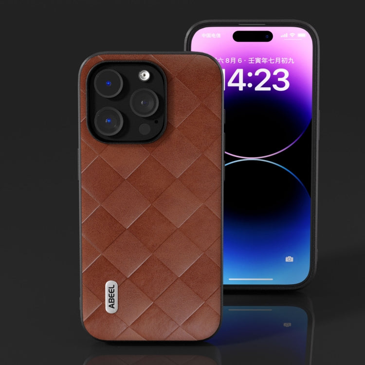 For iPhone 15 Pro ABEEL Weave Plaid PU Phone Case(Brown) - HoMEdemic™ 