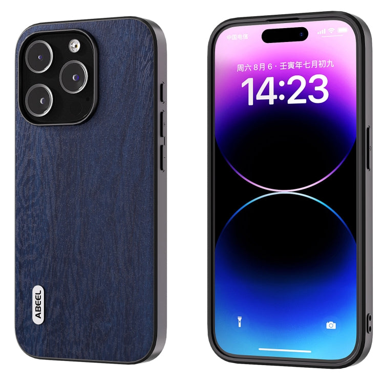 For iPhone 15 Pro ABEEL Wood Texture PU Phone Case(Blue) - HoMEdemic™ 