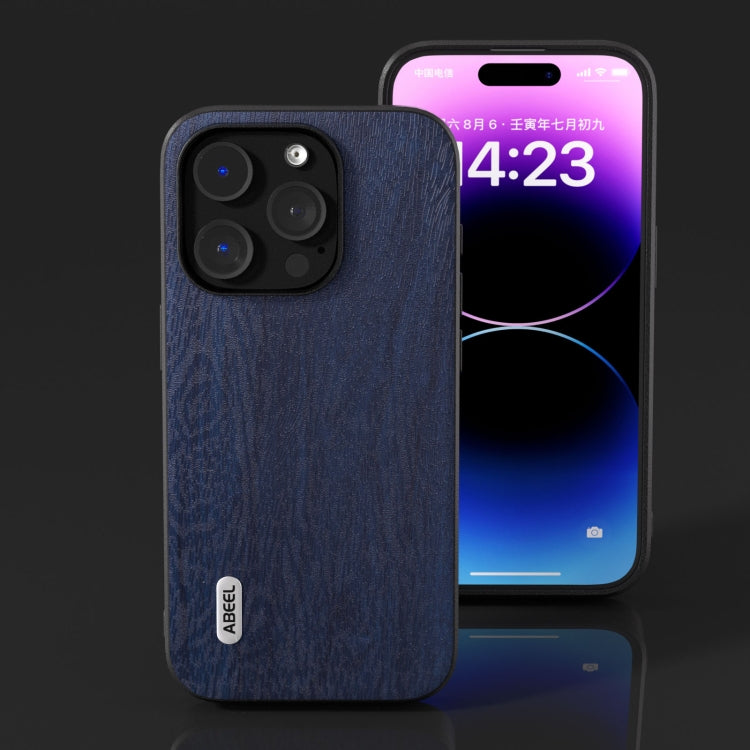 For iPhone 15 Pro ABEEL Wood Texture PU Phone Case(Blue) - HoMEdemic™ 