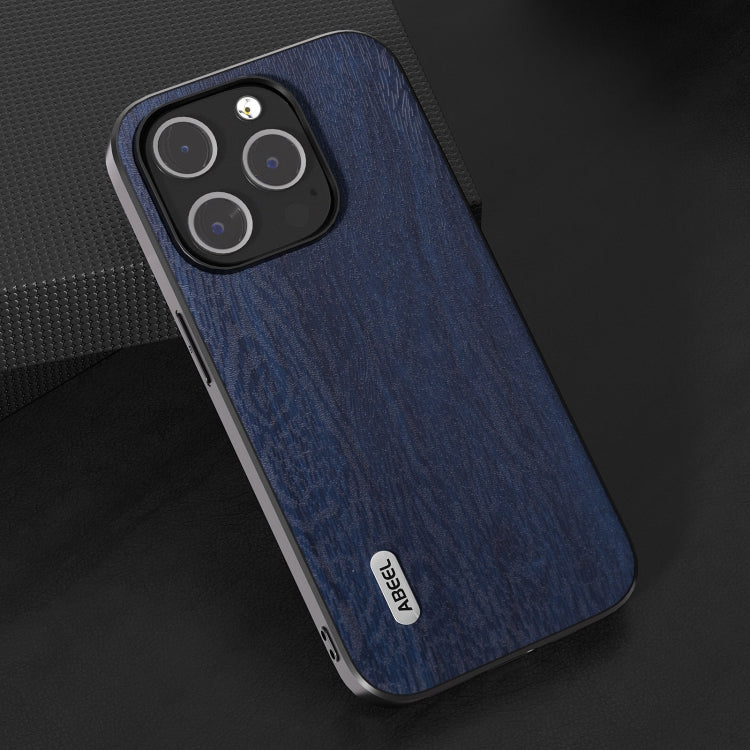 For iPhone 15 Pro ABEEL Wood Texture PU Phone Case(Blue) - HoMEdemic™ 